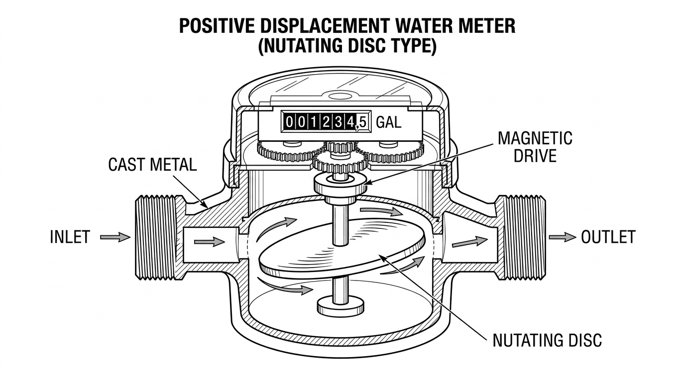 Technisches Querschnittsdiagramm eines Verdrängerwasserzählers