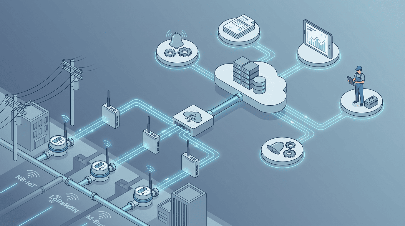 IoT cloud smart city water metering architecture with NB-IoT LoRaWAN wireless M-Bus customer portal and billing API