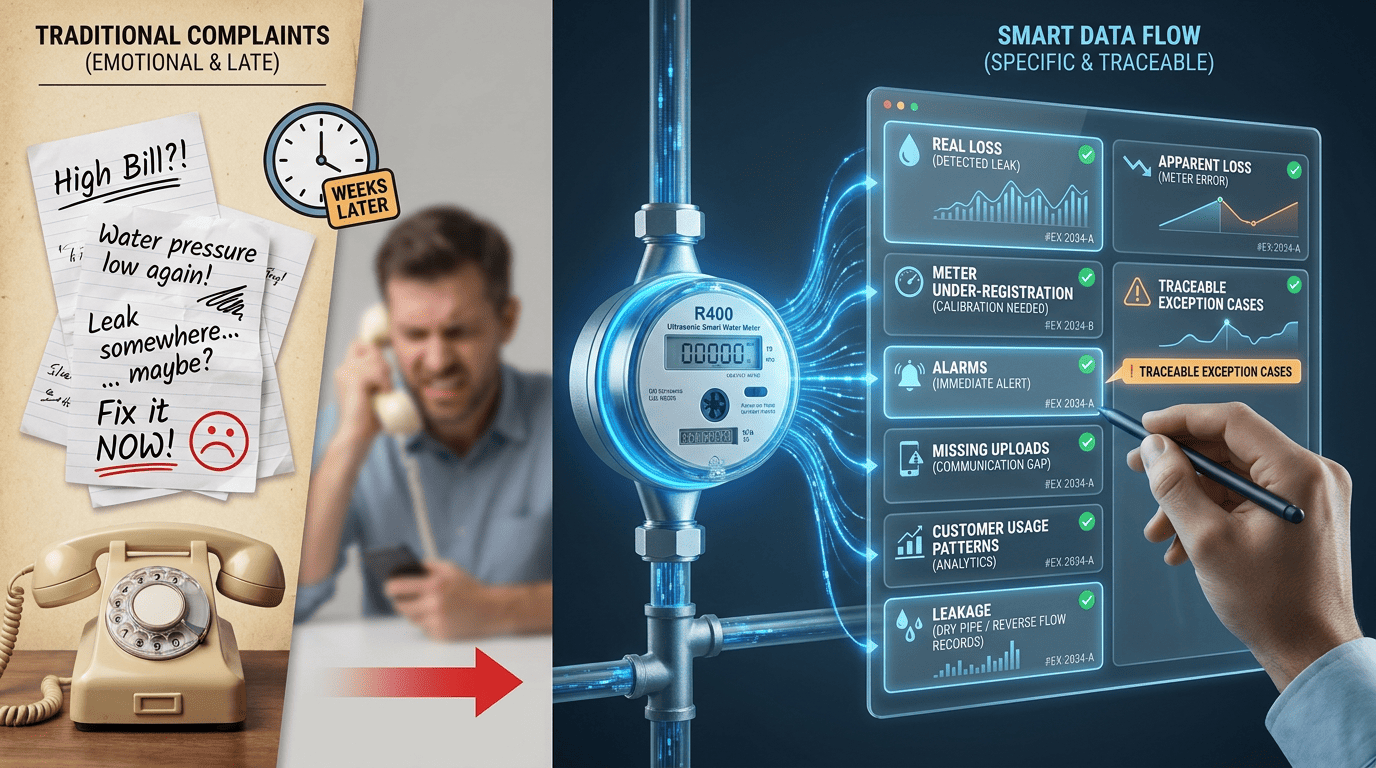 R400 ultrasonic smart water meter for NRW data transparency with leakage dry pipe reverse flow and alarm records