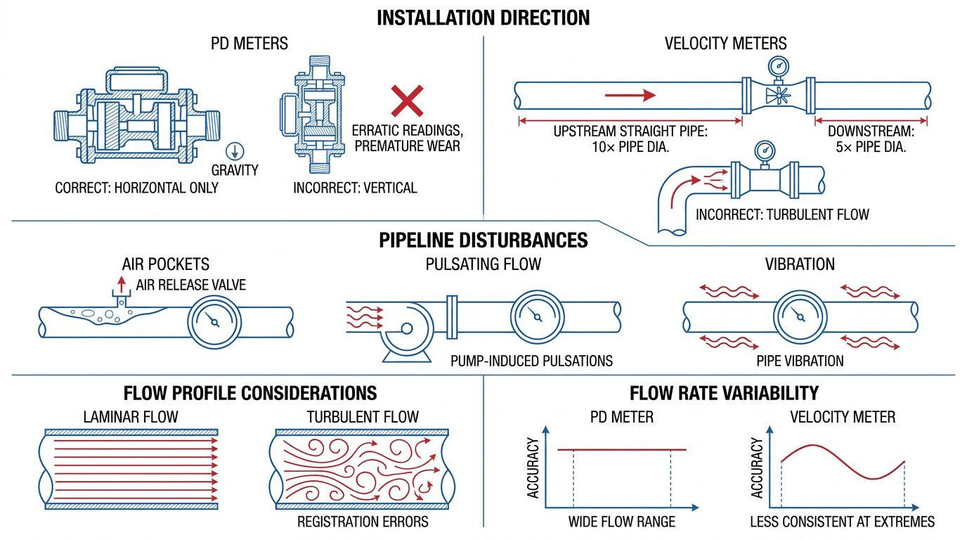 Technisches Diagramm, das korrekte und falsche Zählerinstallationen zeigt