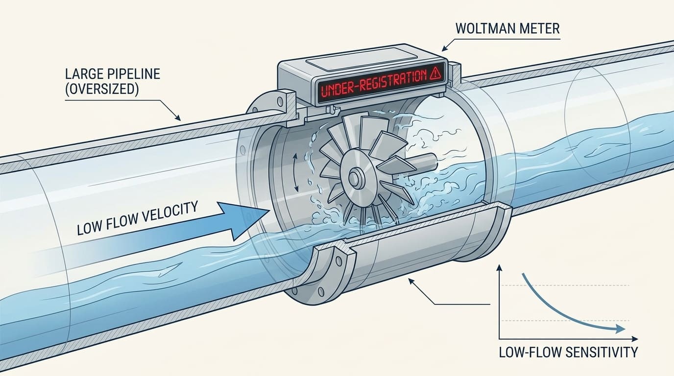 Woltman meter low-flow sensitivity — accuracy drop under partial load