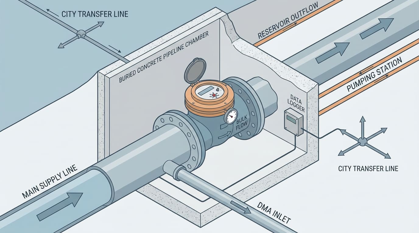 Woltman water meter municipal network strengths for large-diameter pipes