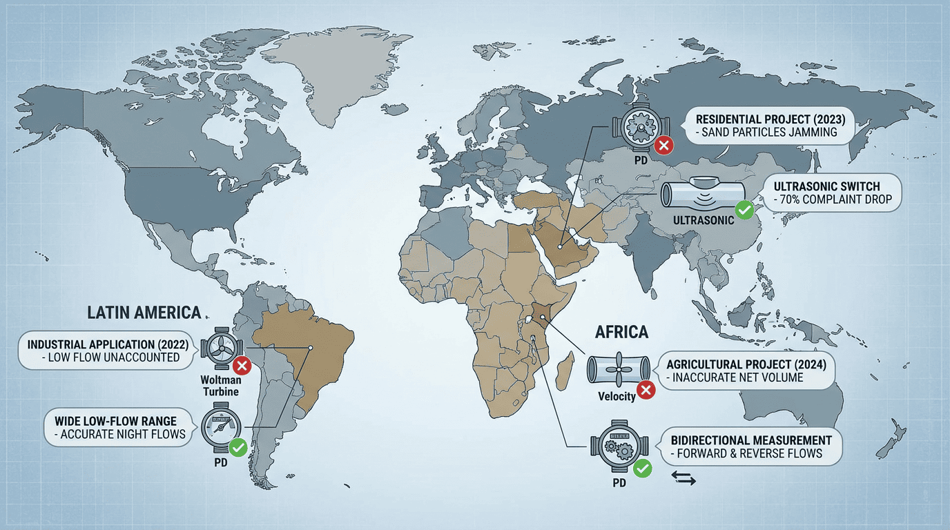 Weltkartenillustration mit markierten Projektstandorten im Nahen Osten, Lateinamerika und Afrika..