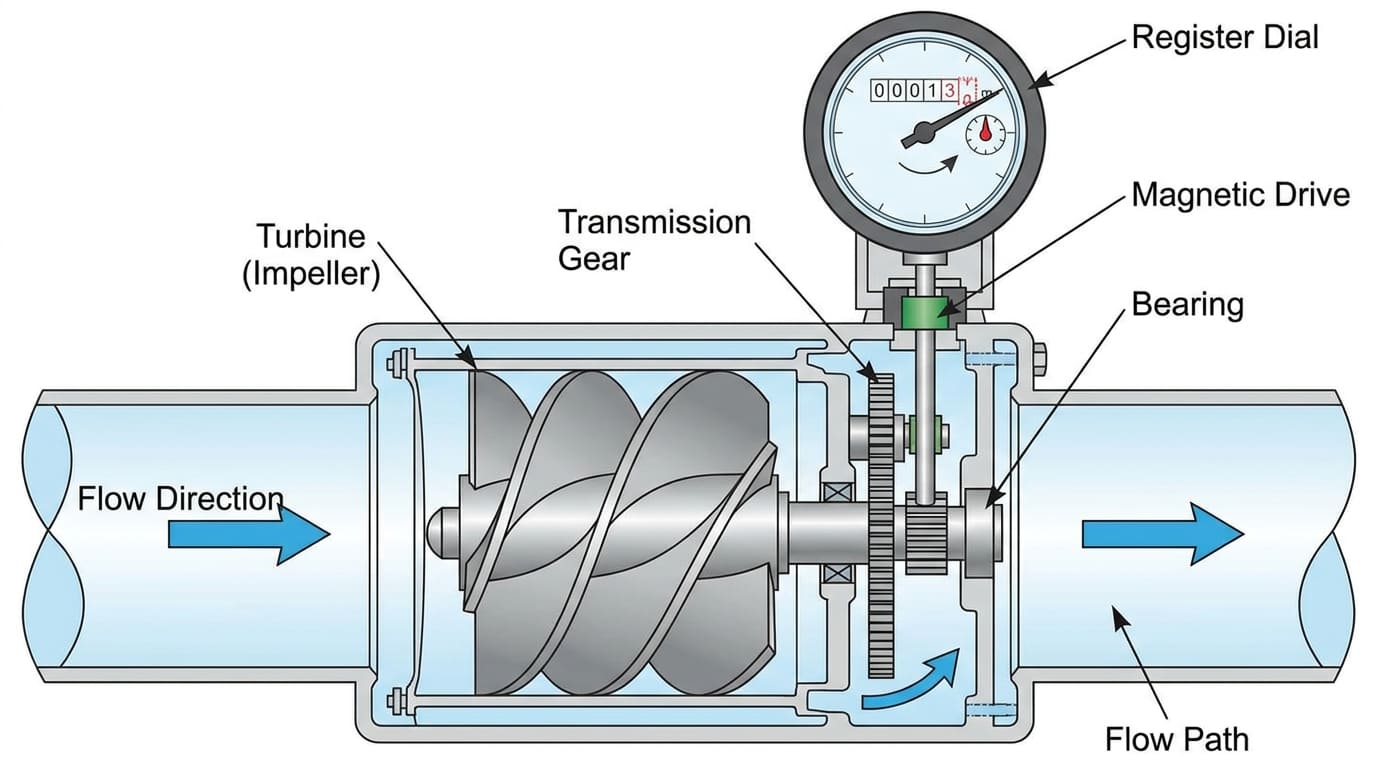 How Woltman water meters work — turbine and impeller mechanism