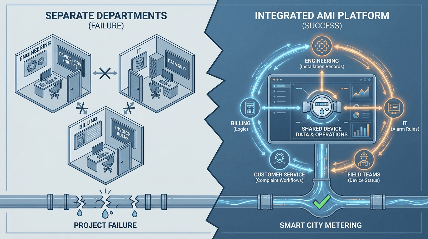 smart city AMI water metering platform for engineering IT billing collaboration with NB-IoT device logs
