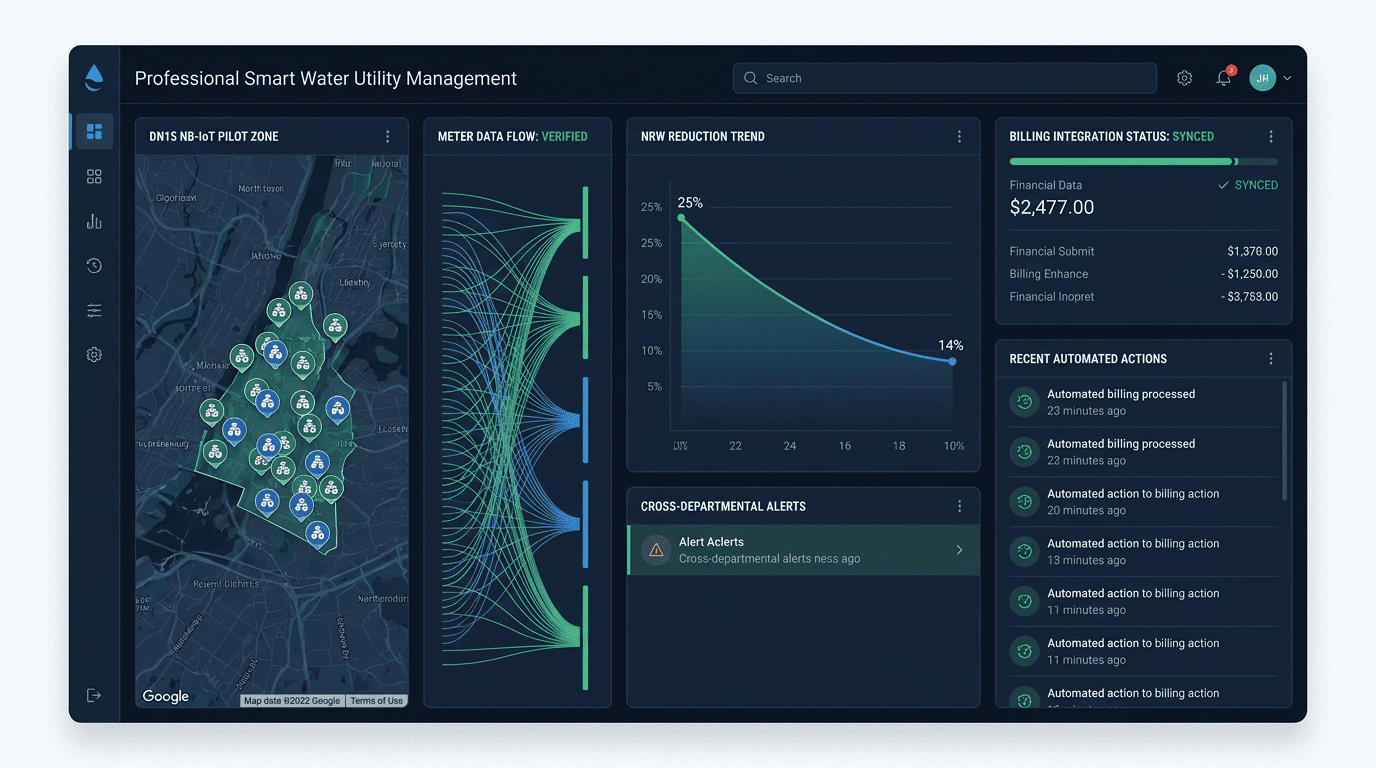 smart city water metering case study with DN15 NB-IoT ultrasonic meters pilot billing integration and NRW dashboard