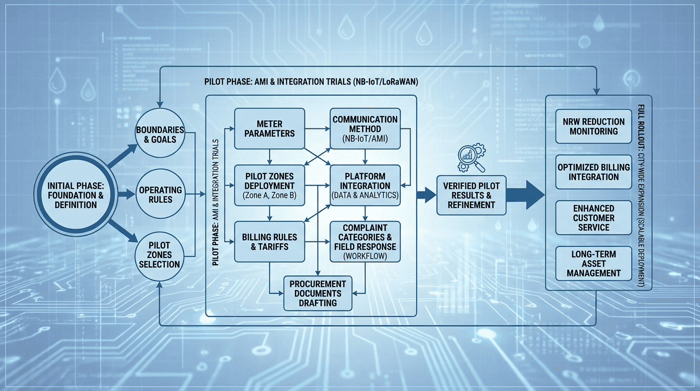 smart city water metering roadmap with pilot zones AMI NB-IoT billing integration NRW and complaint workflow