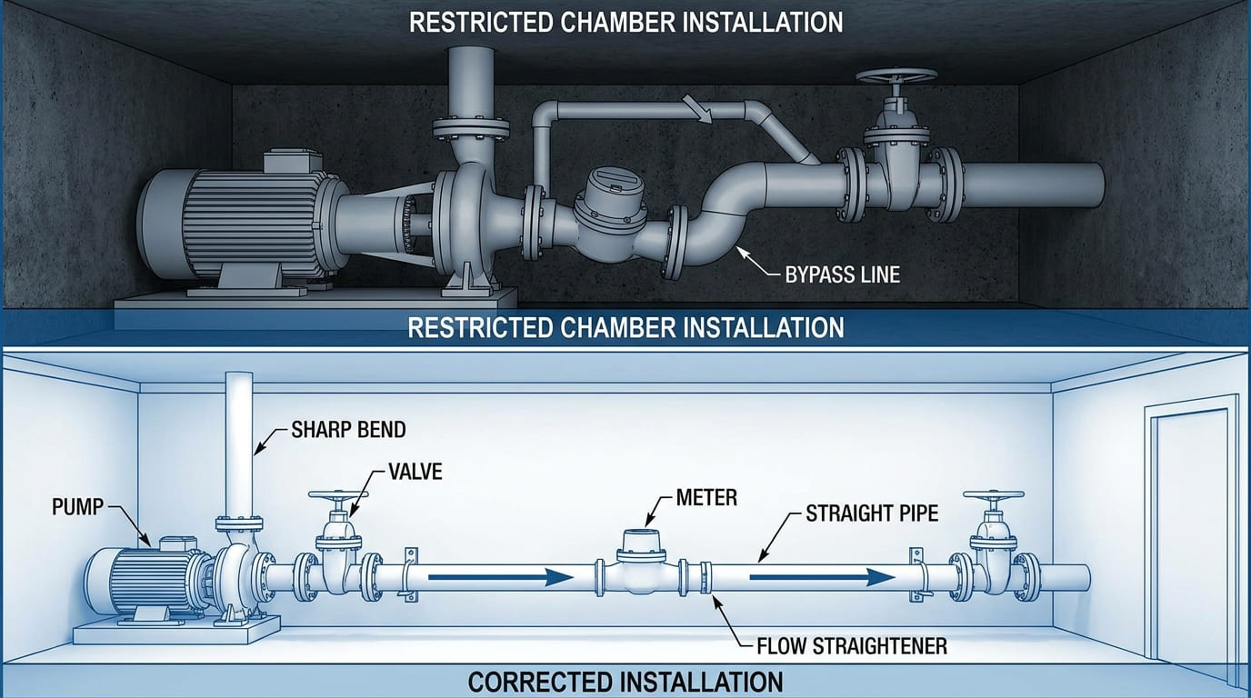 Water meter installation pumps bends valves bypass lines