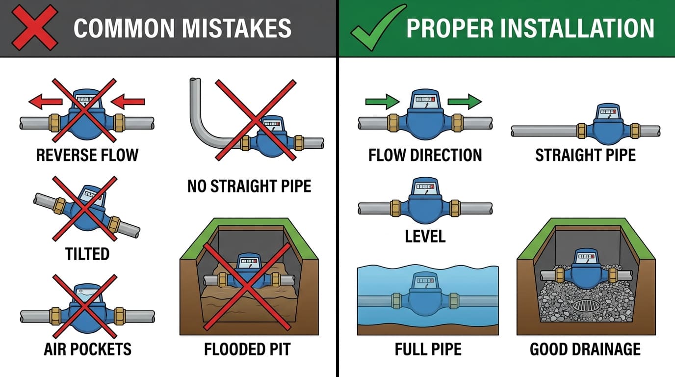 Wrong vs correct water meter installation examples